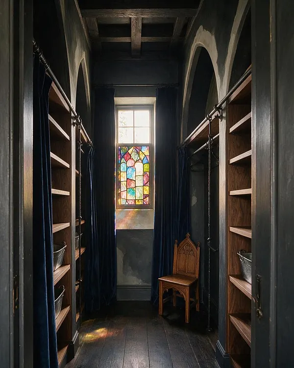 A narrow Gothic-style closet with dark painted walls, arched alcoves, and built-in wood shelving on both sides. Navy velvet curtains frame the storage areas, while a carved wooden chair sits near a stained glass window that casts colorful light into the dark space.