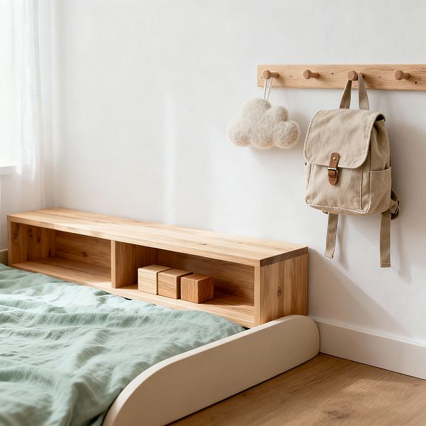 Minimalist children’s bedroom with a low, cream bed and sage green duvet beside a long, solid-oak shelf used as a headboard and storage. On the white wall above, a simple oak peg rail holds a beige canvas backpack and a soft wool-felt cloud; natural light filters through sheer curtains at left, illuminating wooden blocks on the shelf and a light oak floor.