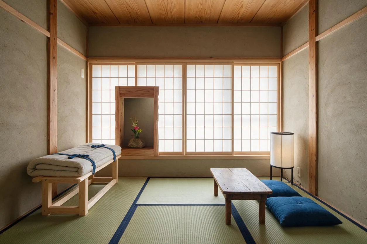 A calm Japanese Zen master bedroom with tatami mat flooring, shoji screens across the back wall, and a low wooden table centered on the floor. A simple bench with folded bedding sits to the left, while blue floor cushions and a paper floor lamp add softness on the right.