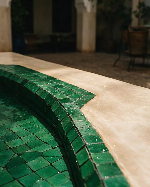 A close-up view of a curved basin or fountain edge finished in glossy emerald-green mosaic tiles, set into a smooth beige plaster surface. The tiles form a geometric Moroccan pattern with visible grout lines and a handcrafted texture.