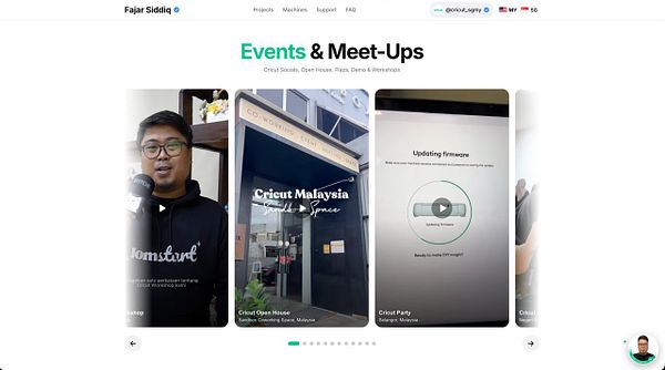 A webpage section titled 'Events & Meet-Ups' showcasing social event cards related to Cricut in Malaysia with navigation controls and a user icon.