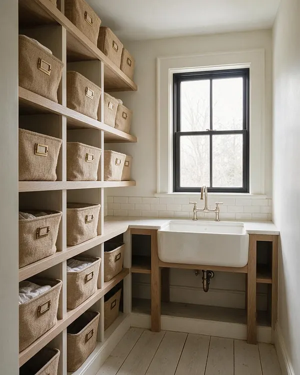A narrow farmhouse-style closet with built-in open shelving on the left, filled with beige fabric storage bins with brass label pulls. At the end of the space is a white utility sink set into a light wood counter beneath a black-trimmed window, with white tile backsplash and pale painted floorboards.