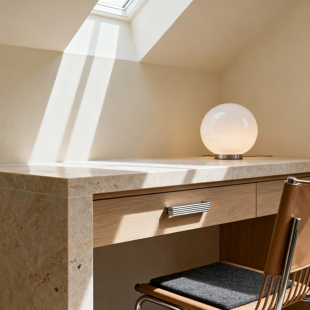 A modern home office corner sits beneath a skylight, with sunlight streaming across a desk clad in beige travertine. The built-in desk includes a light oak drawer with a ribbed metal pull, and a spherical opal-glass table lamp on a stainless base glows softly. A tubular chrome chair with tan leather back and a charcoal felt seat pad tucks under the work surface, set against warm ivory walls and a clean, minimalist aesthetic.