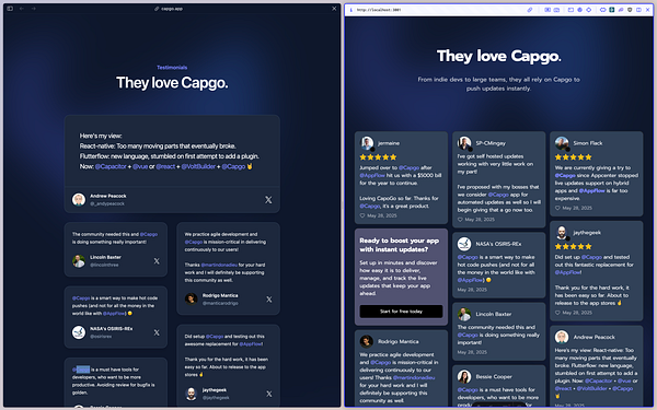 The image displays two side-by-side testimonials sections for the Capgo website, showcasing user feedback and experiences.