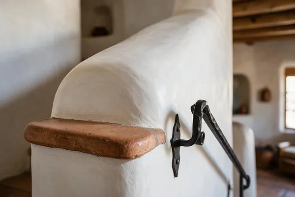 A close-up of a smooth white adobe fireplace or rounded wall with a narrow terracotta cap ledge and a black wrought-iron stair or hearth rail mounted beside it. In the background, the room shows warm wood ceiling beams, plaster walls, and soft daylight, creating a rustic Southwestern interior.