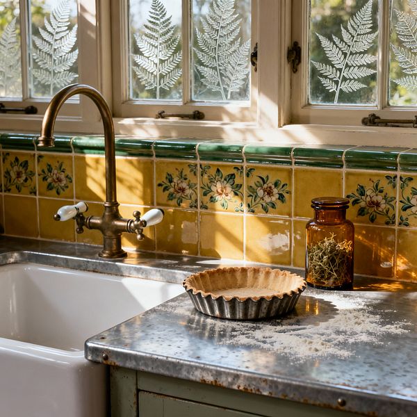 A close-up of a Victorian-style kitchen sink area shows a white apron-front sink with a patinated brass bridge faucet and porcelain levers. The backsplash is lined with mustard-yellow glazed ceramic tiles hand-painted with small floral motifs and finished with a deep green cap tile. Sunlight filters through cream-painted windows featuring etched fern designs, casting shadows across a mottled zinc countertop holding a fluted tin tart pan and an amber glass jar of dried herbs.