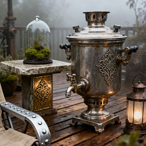 A foggy patio features a large polished metal samovar with ornate detailing and a brass spigot placed on a wet wooden deck. Beside it, a granite pedestal table with a decorative brass panel supports a glass cloche filled with moss, while a lit metal-and-glass lantern glows nearby and a riveted metal-framed chair with beige canvas appears in the foreground, creating a vintage industrial, steampunk-inspired outdoor scene.