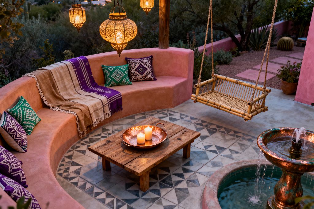 An outdoor patio with curved pink stucco bench dotted with green and purple patterned pillows and a striped throw. A low reclaimed-wood table holds a copper tray with candles, under brass Moroccan lanterns. A bamboo swing hangs by rope beside a patinated copper fountain and geometric gray-and-blue cement tiles, with desert plants and pink walls framing the scene at dusk.