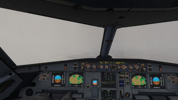 Cockpit view of instruments displaying zero visibility conditions at Lisbon Airport during a landing approach.