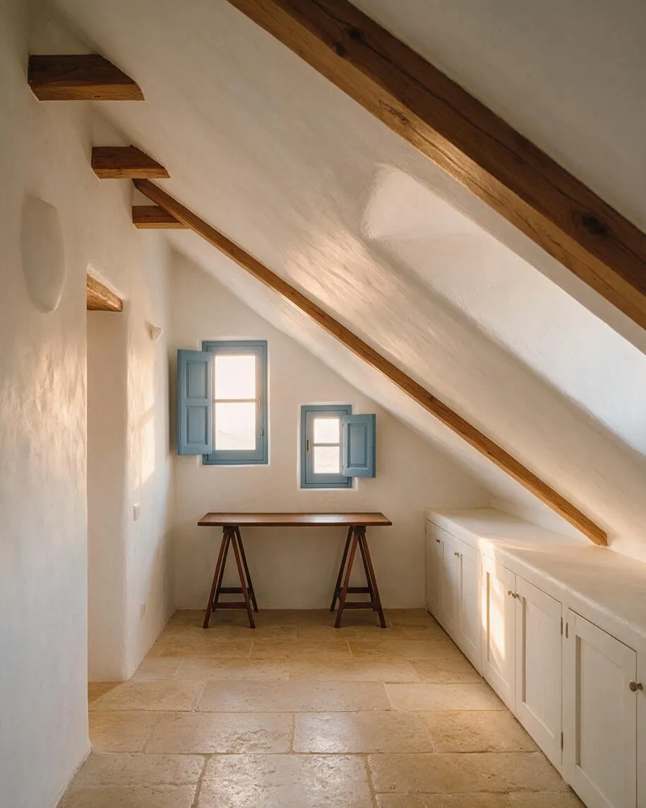 A narrow Mediterranean-style home office with sloped white plaster walls, exposed wooden beams, and a warm stone tile floor. A simple wooden desk sits beneath two small windows with soft blue shutters, while white built-in cabinets line the right side under the eaves.