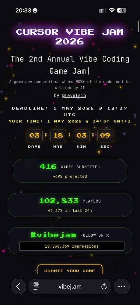A colorful and dynamic video game scene showing a character running with the game title 'Vibejam' and player count displayed.