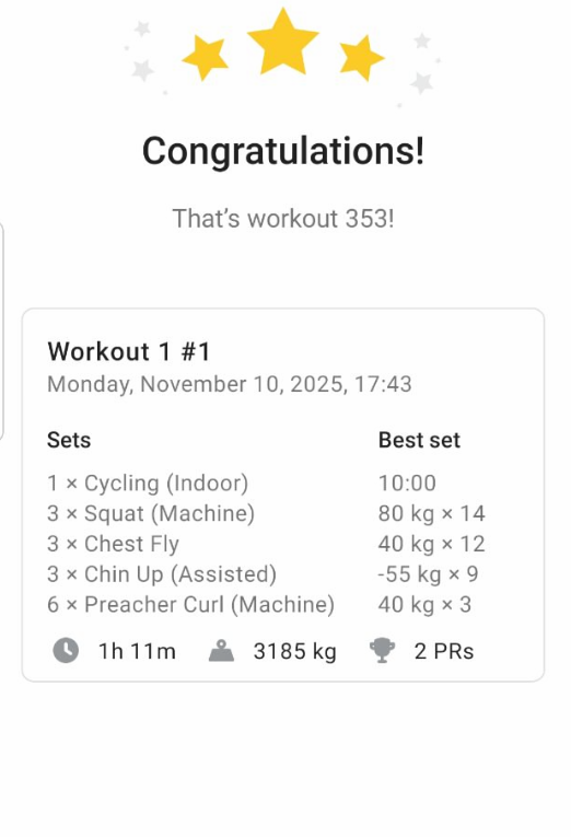 The image displays a workout summary with detailed statistics and achievements.
