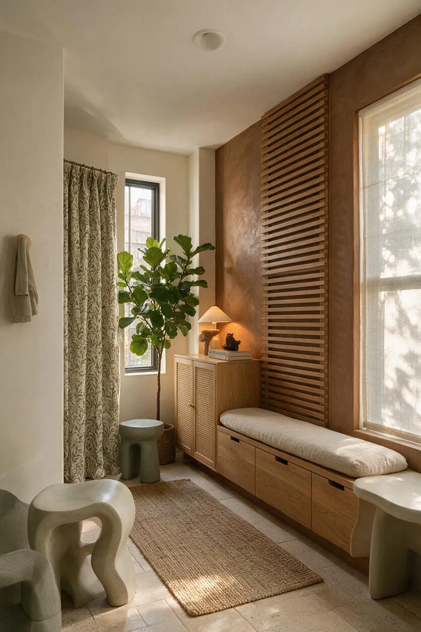 A serene entryway with warm beige walls, a slatted wood accent panel, and a cushioned built-in bench with storage. Potted greenery, woven textiles, stone-like sculptural stools, and soft sunlight filtering through large windows create a calm biophilic atmosphere.