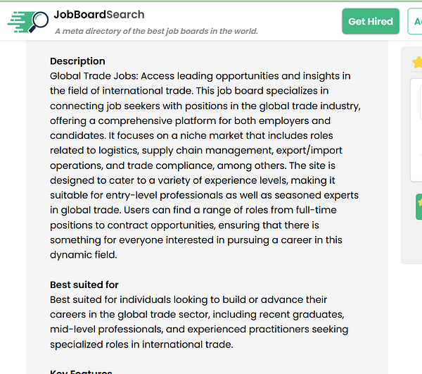 The image displays a webpage for JobBoardSearch, focusing on global trade job opportunities.