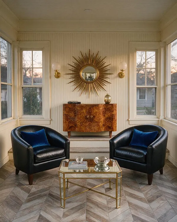 A bright enclosed front porch styled like an Art Deco sitting room, with two black leather barrel chairs facing a small glass-and-brass coffee table. A burl wood cabinet, sunburst mirror, and brass wall sconces anchor the back wall, while large windows, pale vertical paneling, and a herringbone tile floor create a refined vintage atmosphere.