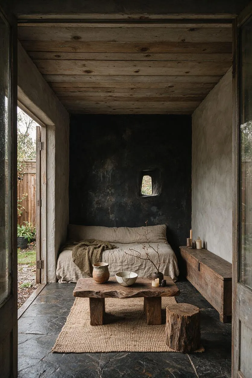 A small backyard retreat styled in wabi-sabi fashion, with a low linen-covered daybed against a dark textured wall, a rough wooden coffee table on a woven rug, and a stump stool beside it. Natural wood, muted plaster, and an open doorway to the garden create a calm, weathered, organic atmosphere.