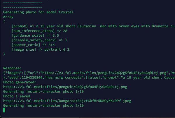 The image displays a terminal interface showing the process of generating a photo for an AI influencer model named Crystal.