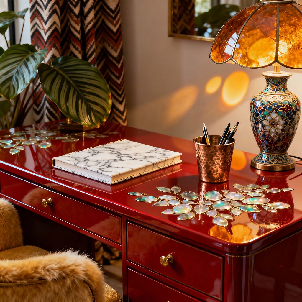 Close-up of a maximalist home office vignette featuring a glossy oxblood red lacquer desk with brass knobs and iridescent leaf inlays. On the surface sit a marble-pattern notebook, a hammered copper pencil cup, and an ornate cloisonné table lamp with a scalloped amber stained-glass shade casting warm circles of light; behind are chevron curtains in black, cream, and rust tones, a gold-framed mirror, large green variegated leaves, and the edge of a plush fur-covered chair.