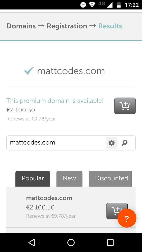 The image shows a mobile screen displaying domain registration results, indicating the availability and price of the domain 'mattcodes.com'.