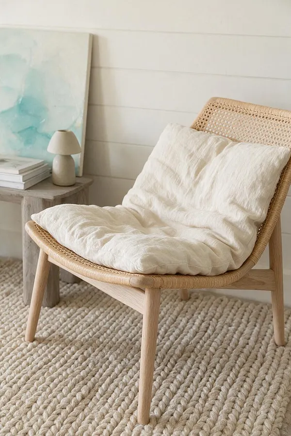 A coastal-inspired corner features a light wood lounge chair with a woven cane or rattan back and a soft cream cushion. Beside it, a small weathered wood side table holds stacked books and a small ceramic lamp, with a pale abstract seascape leaning against a white shiplap wall and a chunky braided rug below.