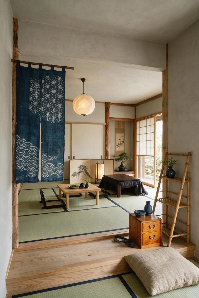 A calm Japanese Zen entryway with tatami mats, natural wood trim, and a raised wooden threshold leading into a room with shoji screens. A deep indigo noren curtain with white wave and geometric patterns hangs at the opening, while a paper lantern, low wooden table, bonsai accents, and bamboo shelf add warmth and balance.