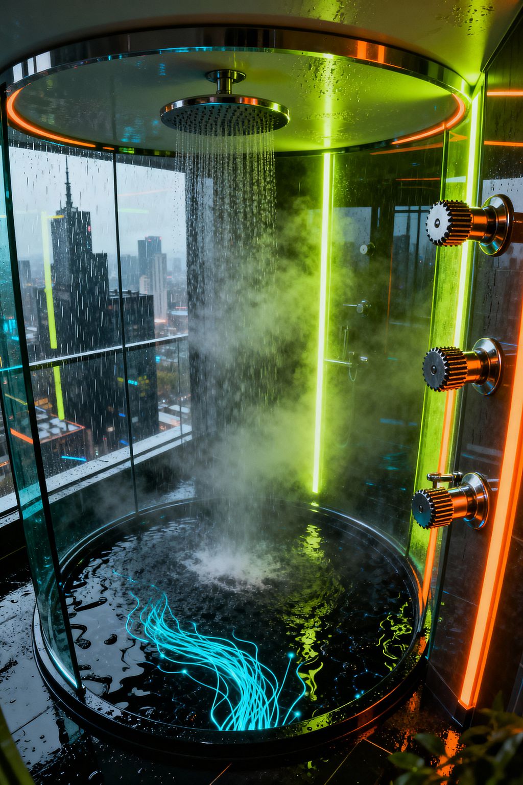High-rise bathroom featuring a circular, floor-to-ceiling glass shower with a stainless-steel rain head and three gear-like chrome control knobs. Vertical LED light strips in neon green and orange illuminate glossy black surfaces while steam rises through falling water. The round base glows with cyan fiber-optic lines, reflecting in the wet floor, and a panoramic city skyline beyond the glass reinforces the futuristic, cyberpunk mood.