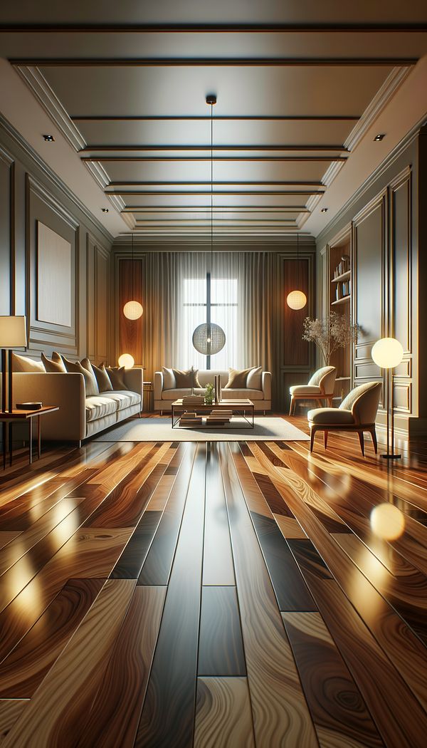 A cozy living room featuring a polished hardwood floor, with a scatter of furniture showcasing fine woodworking, beneath warm, ambient lighting.