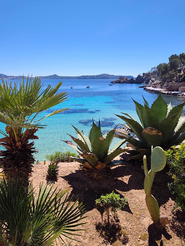 Beach scene with a lone person near umbrellas and yellow lounge chairs during clear weather.