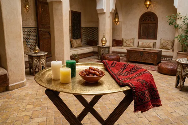 A Moroccan-style courtyard seating area centered around a round brass tray table on a dark wooden folding base. The tray holds pillar candles, a bowl of dates, and a folded red woven blanket, with carved wood furniture, patterned wall tiles, lanterns, and cushioned benches in the background.