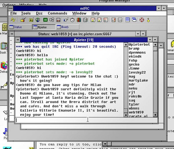 An IRC chat window displaying a conversation in the #pieter channel.