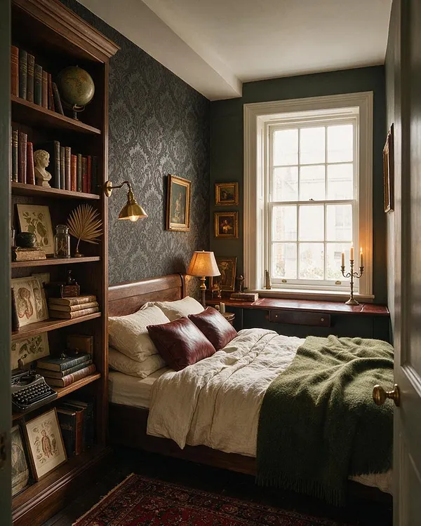 A narrow bedroom styled in Dark Academia aesthetic with dark green walls, patterned wallpaper, and a tall built-in bookshelf filled with books, framed art, and a globe. A wooden bed with cream bedding, burgundy pillows, and a moss-green throw sits beside a window seat with a desk and candleholder, lit by warm lamp light and daylight from the window.