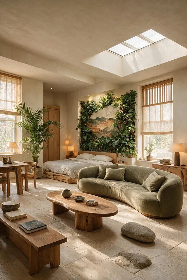 A warm studio apartment with a skylight, large windows, and abundant natural light. The room features a low bed, an olive-green curved sofa, wooden tables and benches, potted palms, and a lush green living wall surrounding wall art, all set against soft beige walls and a stone floor.