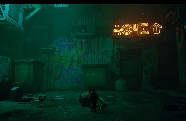 Digital artwork of a curious, anthropomorphic cat with glowing blue eyes and sleek black fur on a purple background.