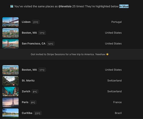 The image displays a list of cities with corresponding temperatures and country names, along with a notification about visiting places and an invitation to an event.