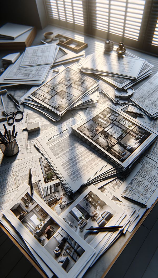 A stack of papers on a designer's desk, including detailed drawings, schedules, and legal documents, representing contract documents in interior design.