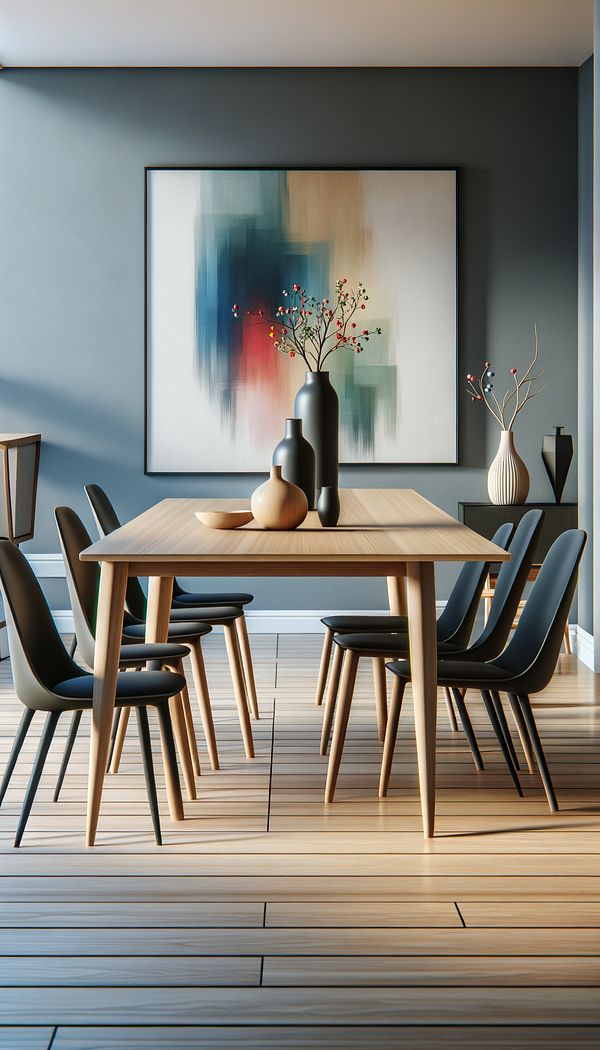 A modern dining room featuring a sleek Parsons table with wooden Parsons legs, surrounded by minimalistic chairs. The clean lines of the furniture contrast nicely against a colorful abstract painting on the wall.