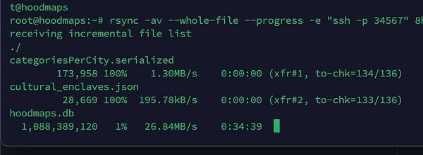 Terminal window showing an SSH command to copy data from a Linode server to a Hetzner VPS using rsync with progress display.