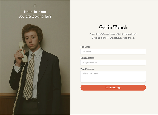 A young man in a suit holds a telephone while a contact form is displayed beside him.