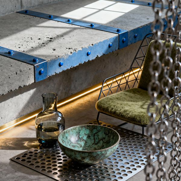 Close-up of an industrial dining vignette featuring a rough-edged concrete slab reinforced with blue riveted steel straps and underlit by a warm linear LED. In front, a perforated steel plate holds a smoky glass carafe and a patinated green ceramic bowl beside a wire-frame chair with a moss-green cushion, while a chain curtain and gridded window shadows add layered texture.