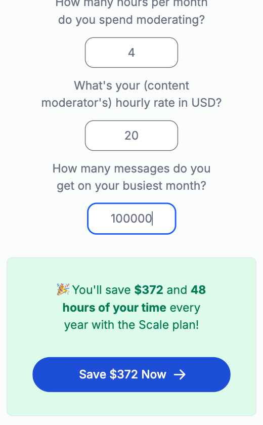 The image displays a savings calculator interface with input fields and a call-to-action button.