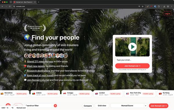 Interface of an A/B testing analytics dashboard comparing Nomads.com and Nomad List brands.