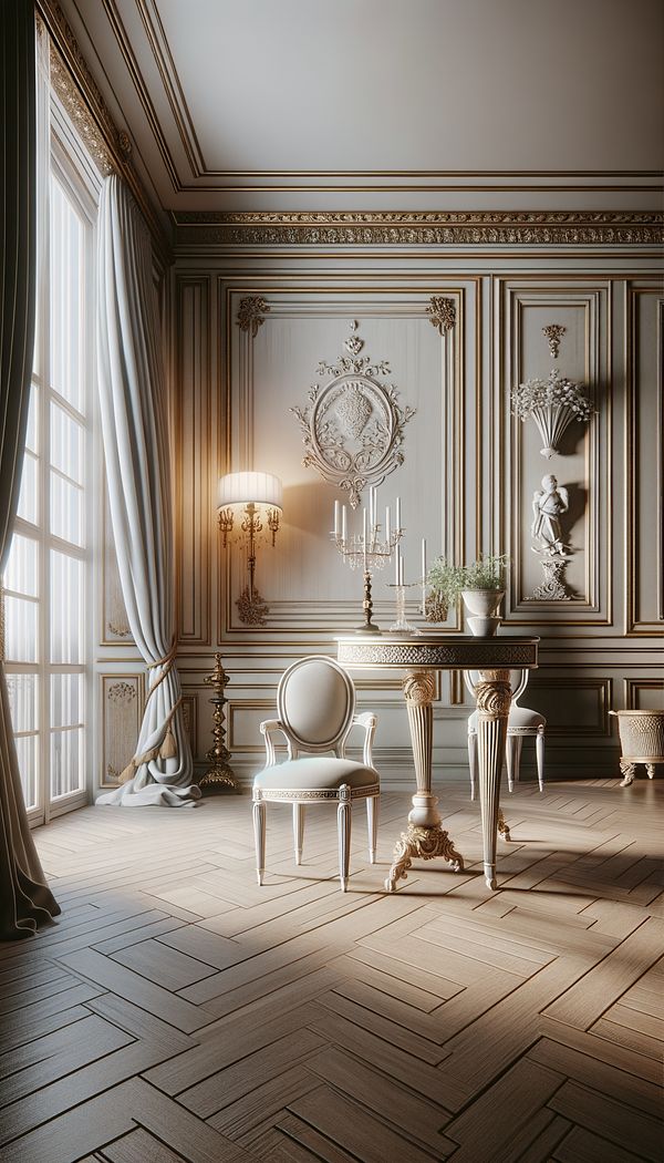 an elegant living room decorated in the Directoire style, featuring a straight-legged chair, a simple yet elegant table, and decorative objects with neoclassical motifs