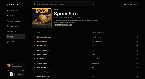 Music album interface for SpaceSim with a list of tracks and playback controls alongside navigation menu options.