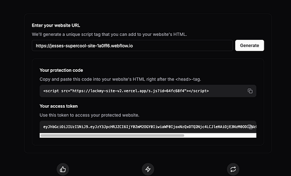 The image displays a web interface for generating a protection code and access token for a website.