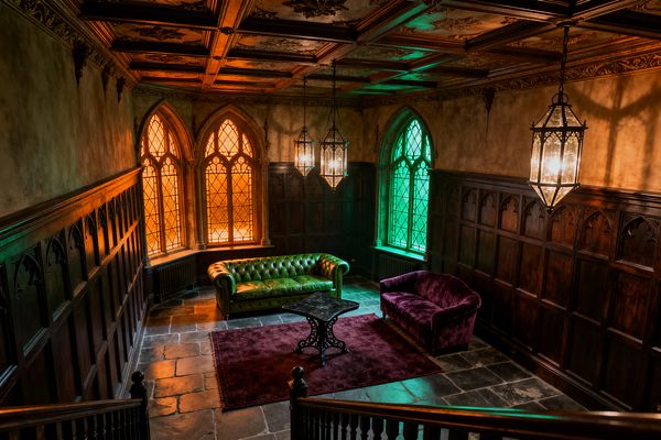 A Gothic-style living room with dark carved oak paneling, an ornate coffered ceiling, and pointed-arch leaded windows in amber and emerald stained glass. A green tufted leather Chesterfield and a deep purple velvet loveseat sit on a plum rug over charcoal slate flooring, centered by a small black pedestal table, while hexagonal glass lantern pendants cast warm, dramatic light; a wood stair balustrade appears in the foreground.