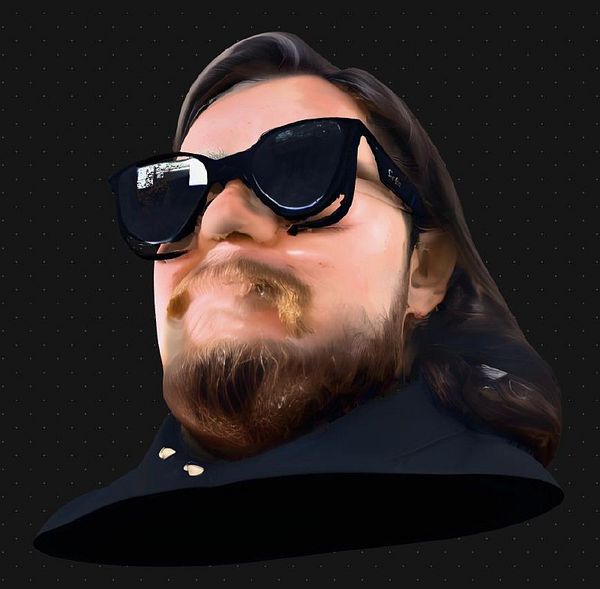 A stylized digital portrait of a person with sunglasses and a beard against a dark background.