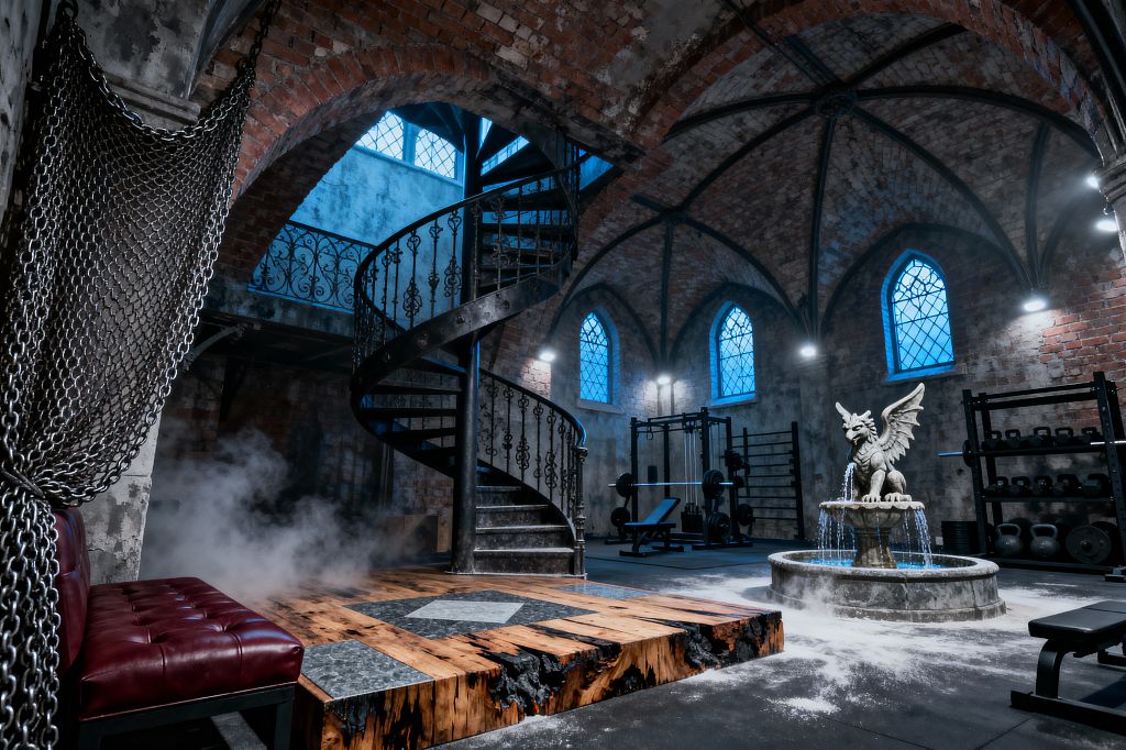 A dramatic home gym occupies a vaulted brick hall with ribbed arches and leaded blue windows. A wrought-iron spiral staircase and balustrade rise beside a raised reclaimed-wood platform with dark stone inlays; a cast-stone gargoyle fountain anchors the space near racks of barbells, kettlebells, and a bench press. Heavy steel chains drape like a curtain, a burgundy tufted leather bench sits at left, and cool uplights and mist create a moody, cathedral-like atmosphere.