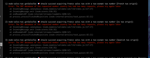 The image displays a series of error messages related to VAT database requests for different EU countries.