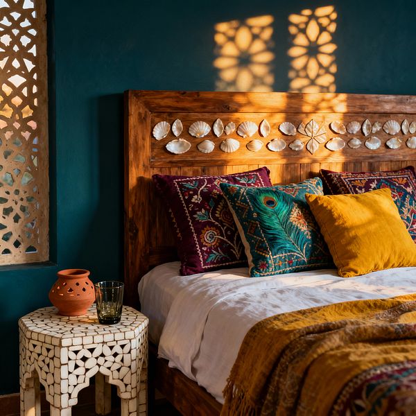 Bedroom with deep teal walls and a solid wood bed featuring a shell-inlaid headboard. The bed has white bedding layered with a mustard throw and jewel-toned embroidered pillows, including a teal peacock motif. A small white bone-inlay side table holds a terracotta lantern and a green glass. A carved lattice window casts warm floral shadows across the wall and headboard, creating a cozy, globally inspired Bohemian atmosphere.
