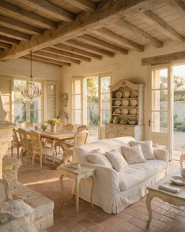 A warm backyard living and dining area with exposed wooden ceiling beams, terracotta tile flooring, and cream plaster walls. The space includes a rustic dining table with woven chairs, a linen-covered sofa, an ornate cabinet with displayed plates, and glass doors opening to the garden.